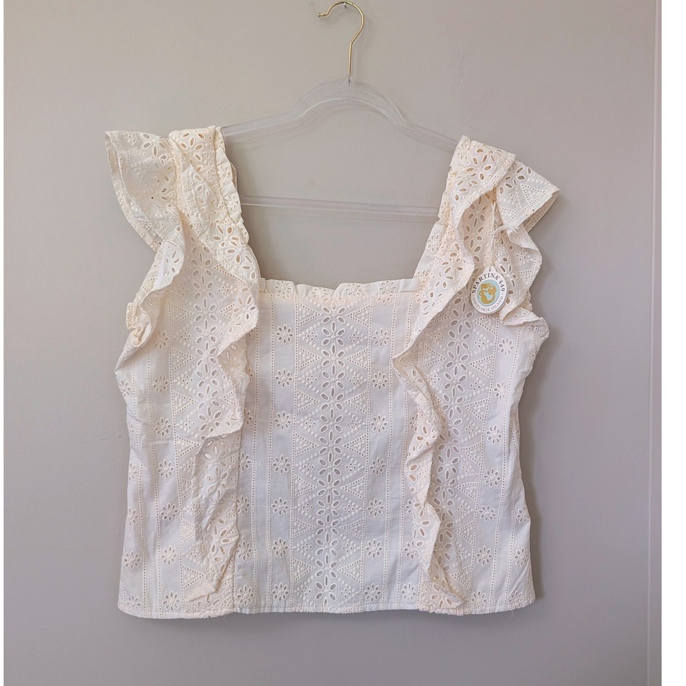Spartina 449 Taralynn Eyelet Top Pearl White Ruffle Sleeve Cotton Top - Picture 2 of 14